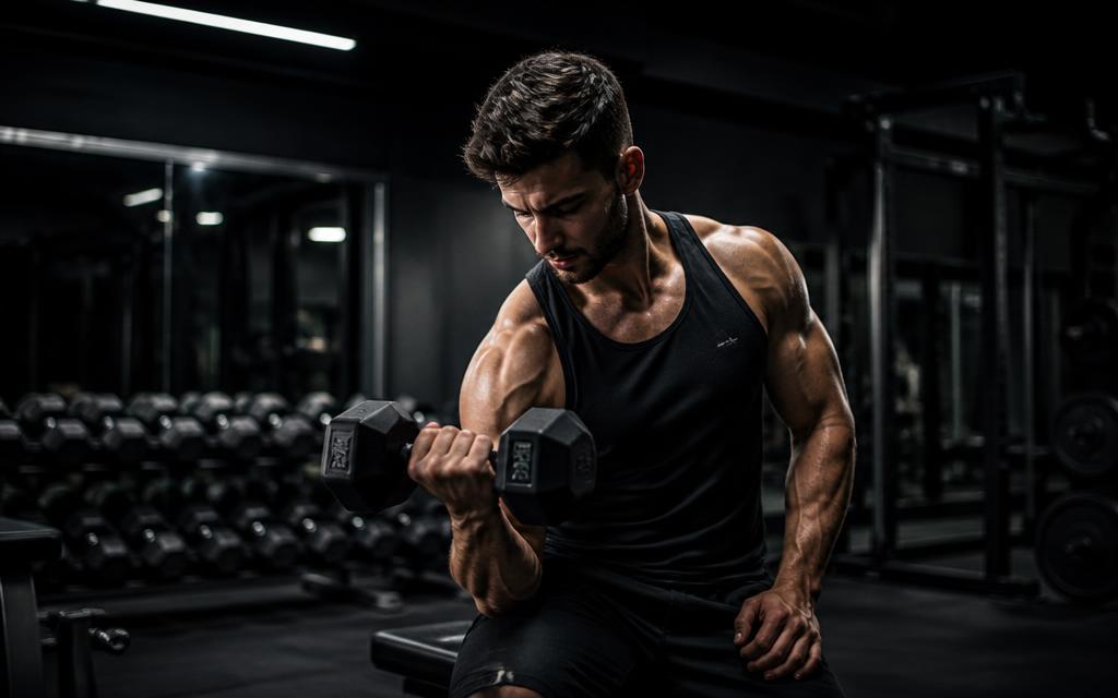 Athlete training with dumbbells in a modern dark gym
